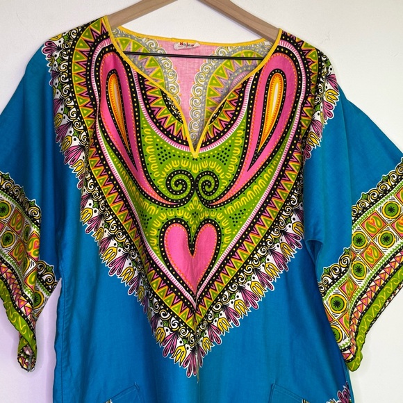 Vintage Bajan Dashiki Tunic Top Made in Barbadoes L Teal Heart Print - Picture 3 of 9